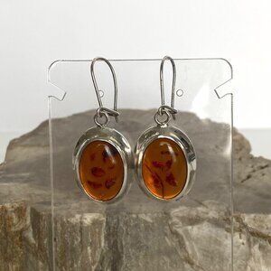 VTG Sterling Silver 925 Oval Baltic Amber Dangle Drop Kidney Wire Earrings